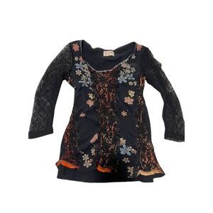 Vintage Edista Black Lace Floral Applique Mesh Trim Tunic Top grunge fairy core